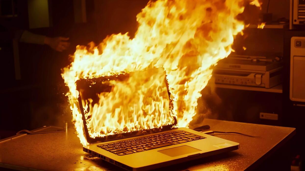 a laptop computer on fire on a desk in a dark room free video فروشگاه اینترنتی کاکا لپ تاپ